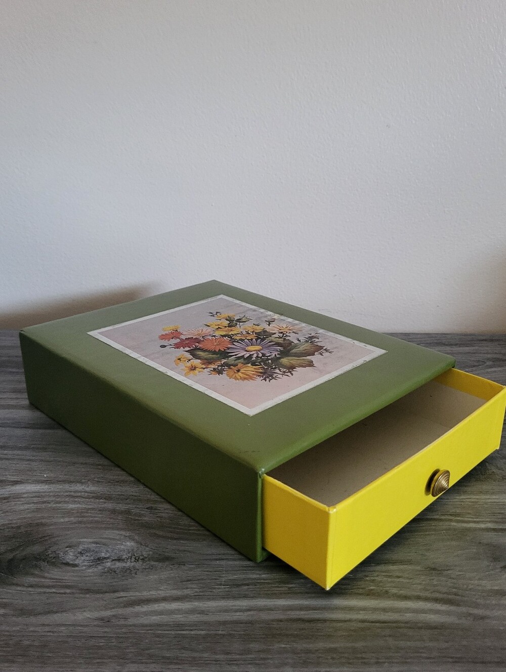 Vintage Floral Stationary Storage Drawer Box Green Yellow